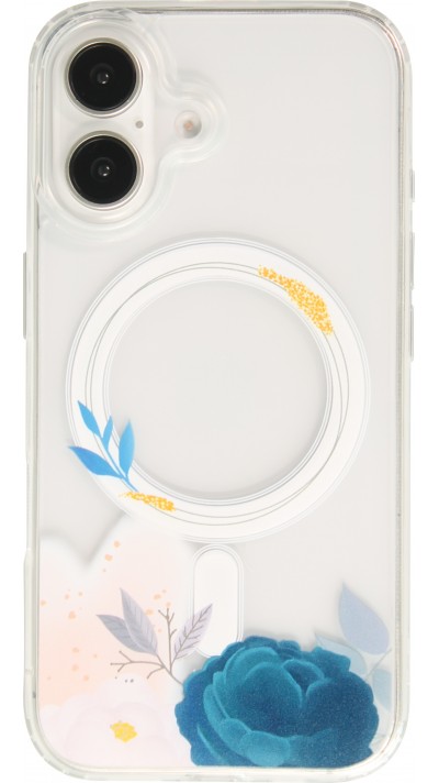 iPhone 16 Case Hülle - Gummi Silikon steif mit MagSafe blaue Rose - Transparent