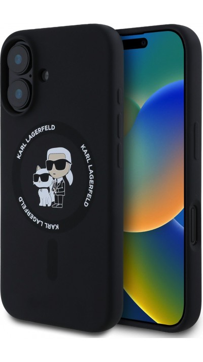 iPhone 16 Case Hülle - Karl Lagerfeld und Choupette soft touch mit MagSafe - Schwarz