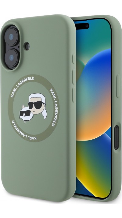 iPhone 16 Case Hülle - Karl Lagerfeld und Choupette soft touch mit MagSafe - Dunkelgrün