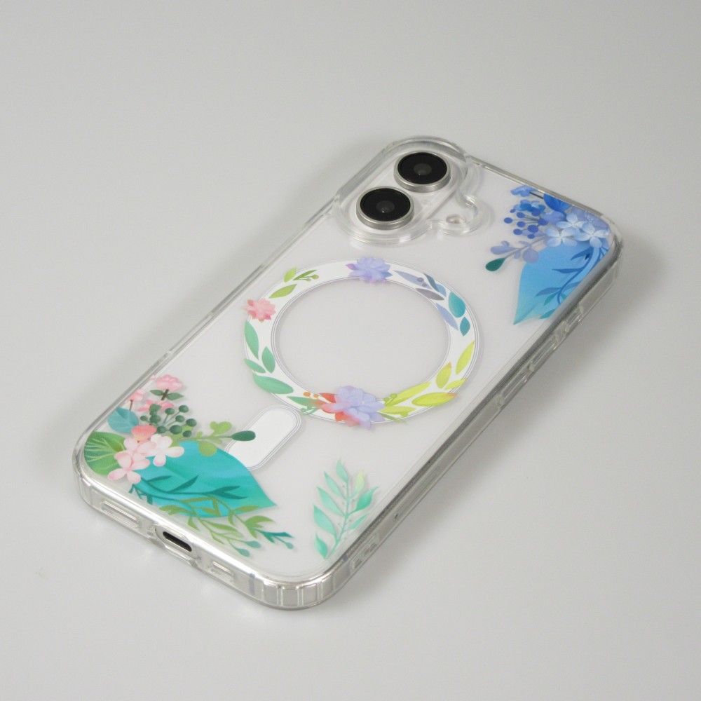 iPhone 16 Plus Case Hülle - Gummi Silikon steif mit MagSafe Frühlings Blumen - Transparent
