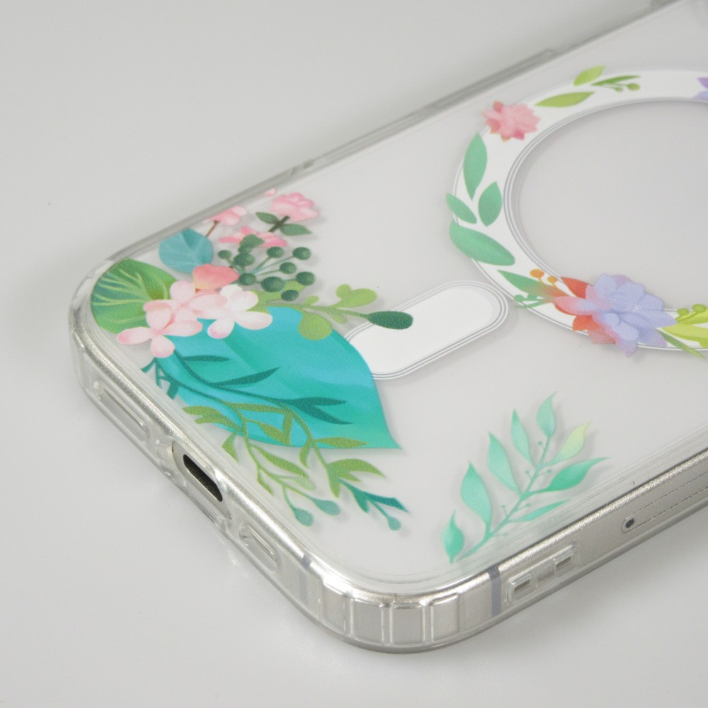 iPhone 16 Plus Case Hülle - Gummi Silikon steif mit MagSafe Frühlings Blumen - Transparent