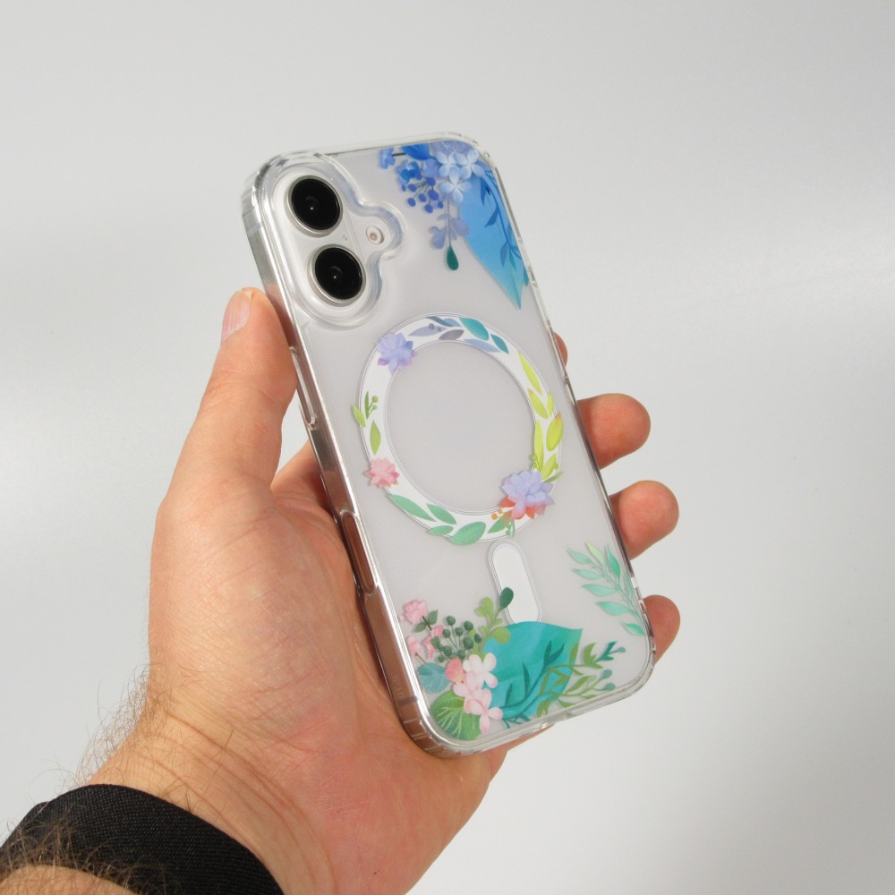 iPhone 16 Plus Case Hülle - Gummi Silikon steif mit MagSafe Frühlings Blumen - Transparent