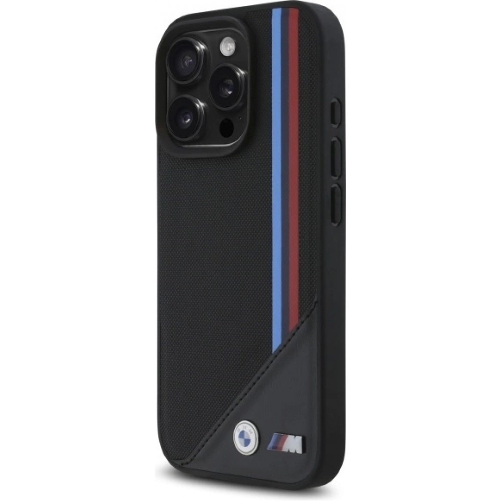 iPhone 16 Pro Case Hülle - BMW M Tricolore Streifen Leder MagSafe - Schwarz