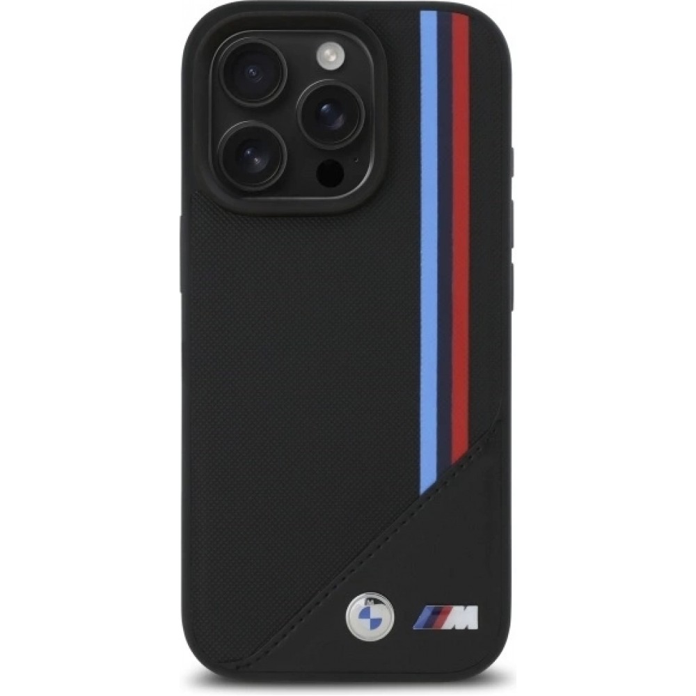 iPhone 16 Pro Case Hülle - BMW M Tricolore Streifen Leder MagSafe - Schwarz