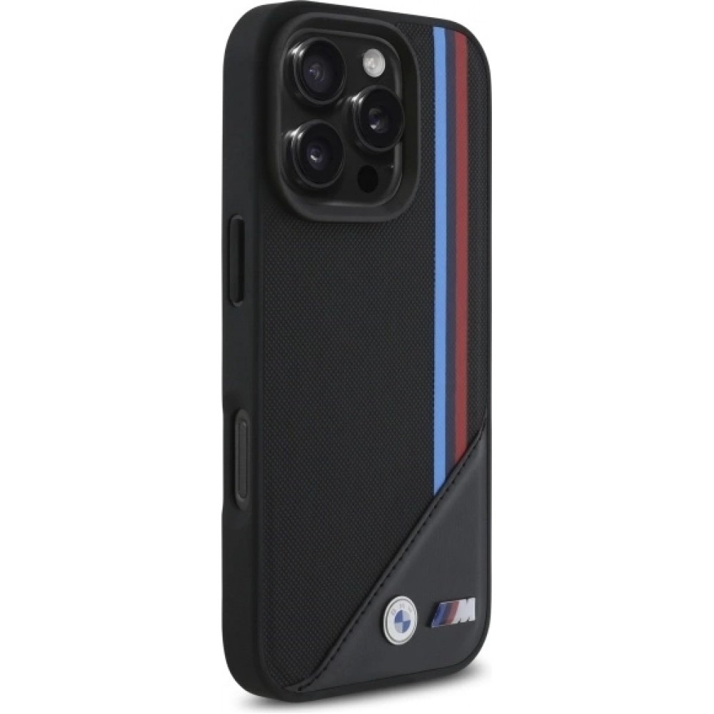 iPhone 16 Pro Case Hülle - BMW M Tricolore Streifen Leder MagSafe - Schwarz