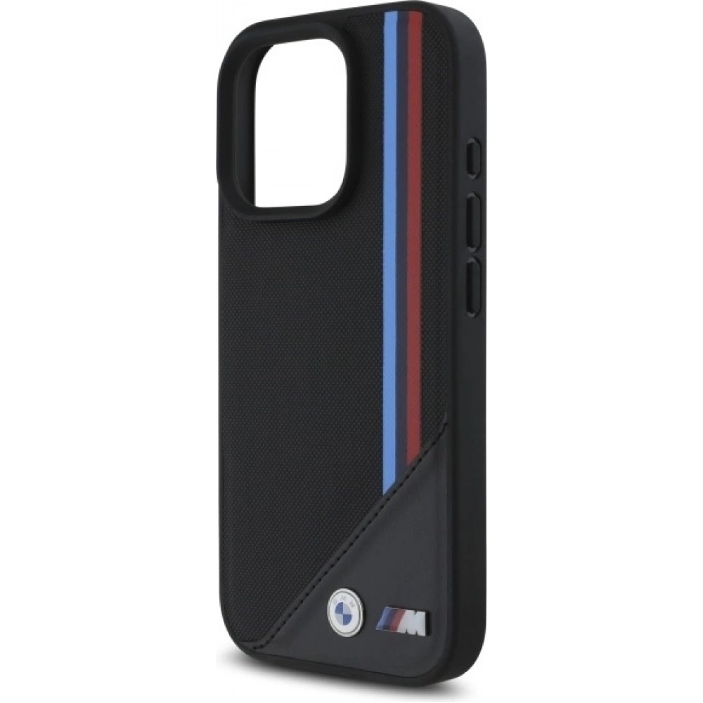 iPhone 16 Pro Case Hülle - BMW M Tricolore Streifen Leder MagSafe - Schwarz