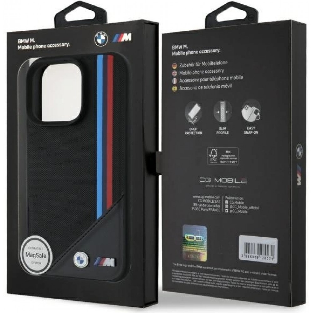 iPhone 16 Pro Case Hülle - BMW M Tricolore Streifen Leder MagSafe - Schwarz