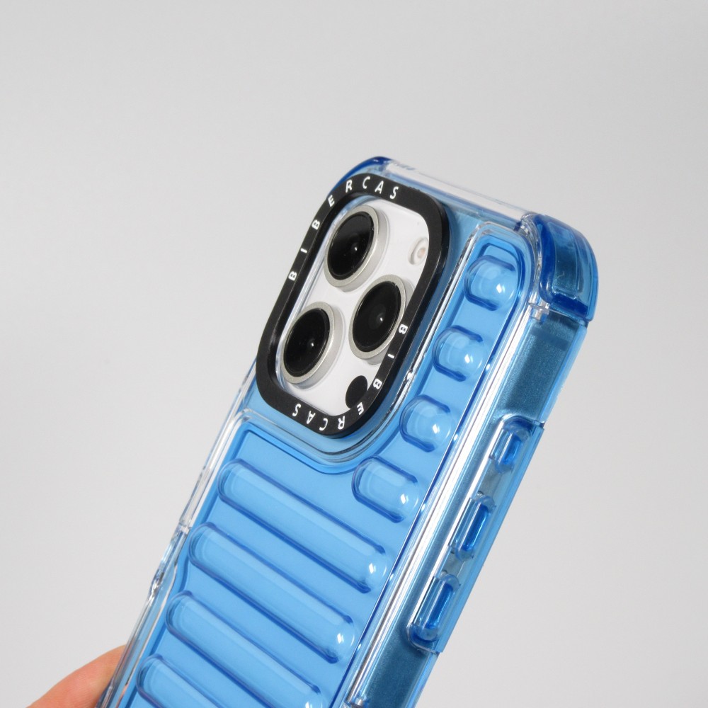 iPhone 16 Pro Case H&uuml;lle - Transparente Hart-Silikon Cover mit 3D Bulp Effekt und verst&auml;rkten Ecken - Blau
