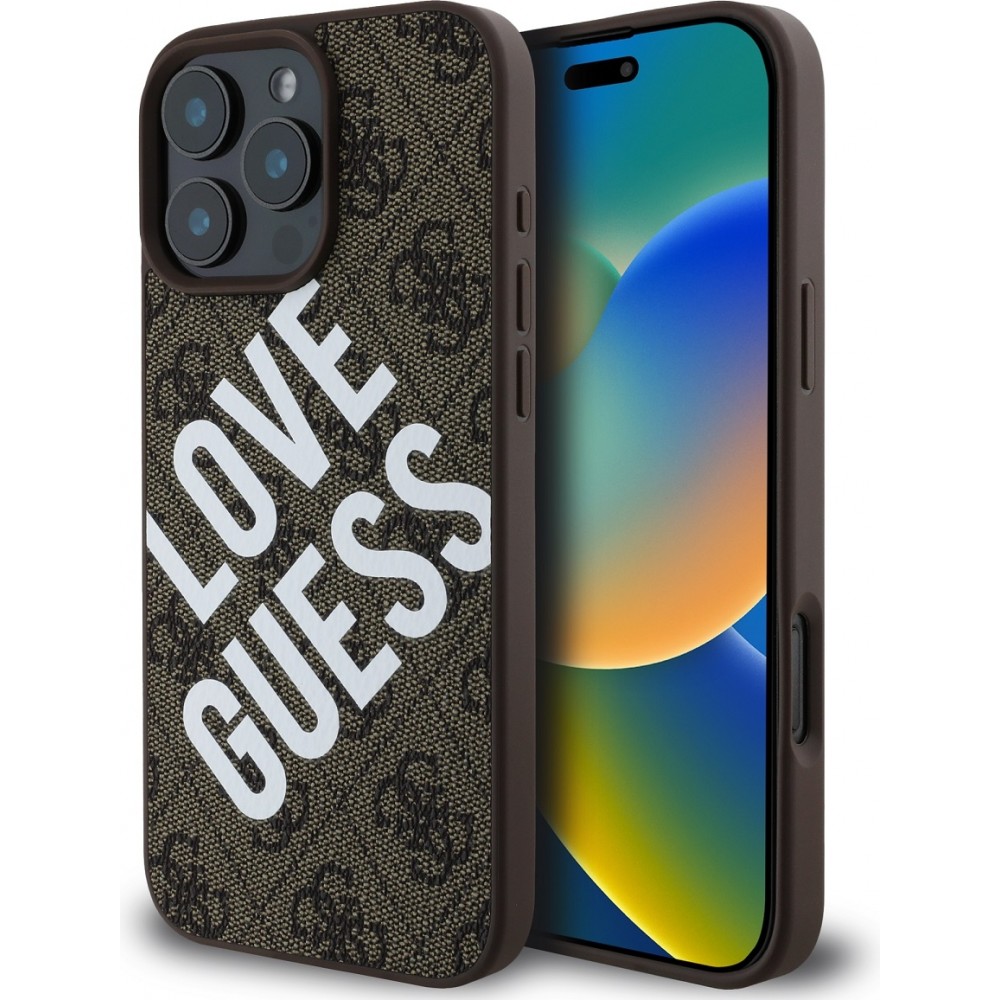 iPhone 16 Pro Case H&uuml;lle - Guess Monogramm Kunstleder mit Love Guess Street Style Logo und integriertem MagSafe - Braun