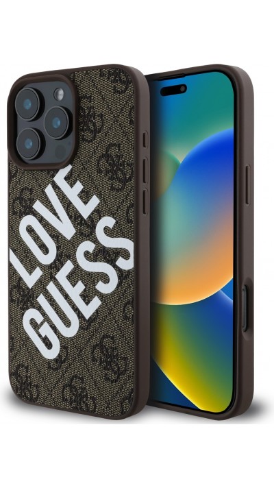 iPhone 16 Pro Case H&uuml;lle - Guess Monogramm Kunstleder mit Love Guess Street Style Logo und integriertem MagSafe - Braun