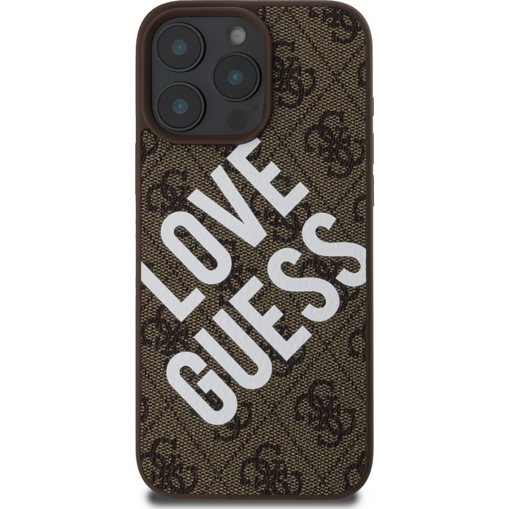 iPhone 16 Pro Case H&uuml;lle - Guess Monogramm Kunstleder mit Love Guess Street Style Logo und integriertem MagSafe - Braun