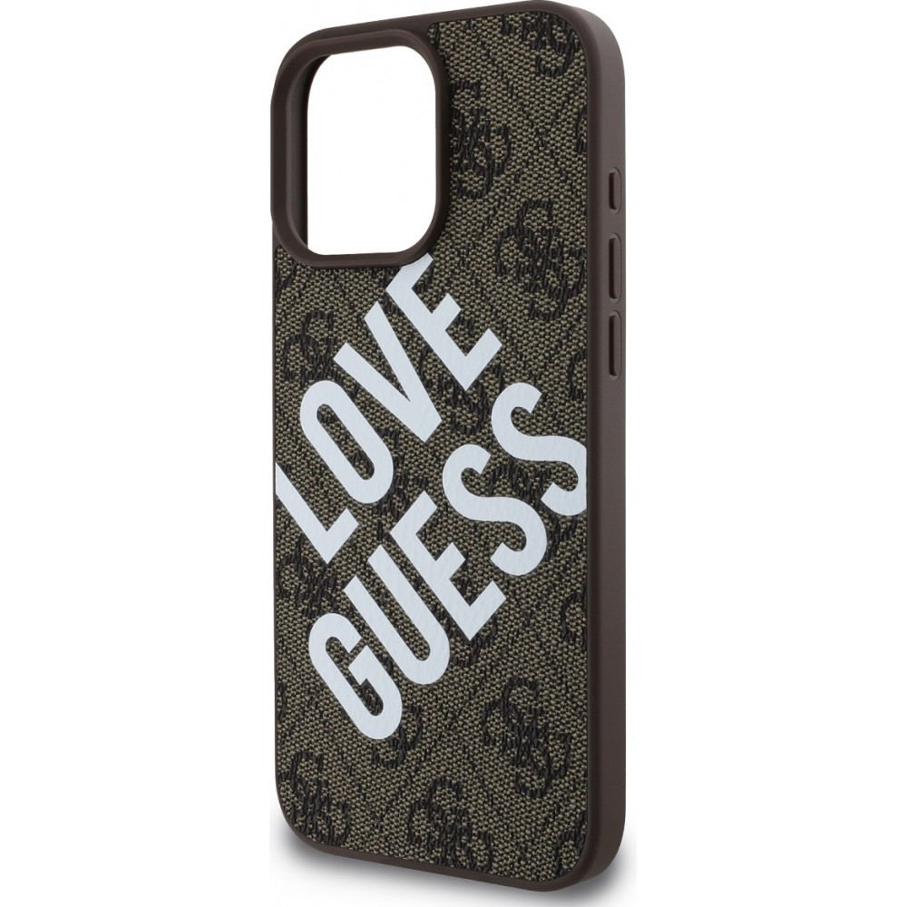 iPhone 16 Pro Case H&uuml;lle - Guess Monogramm Kunstleder mit Love Guess Street Style Logo und integriertem MagSafe - Braun