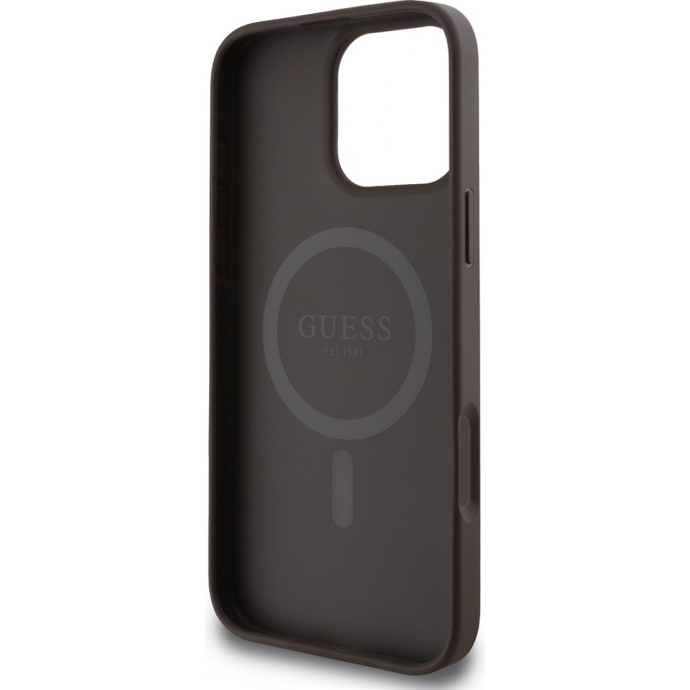 iPhone 16 Pro Case H&uuml;lle - Guess Monogramm Kunstleder mit Love Guess Street Style Logo und integriertem MagSafe - Braun
