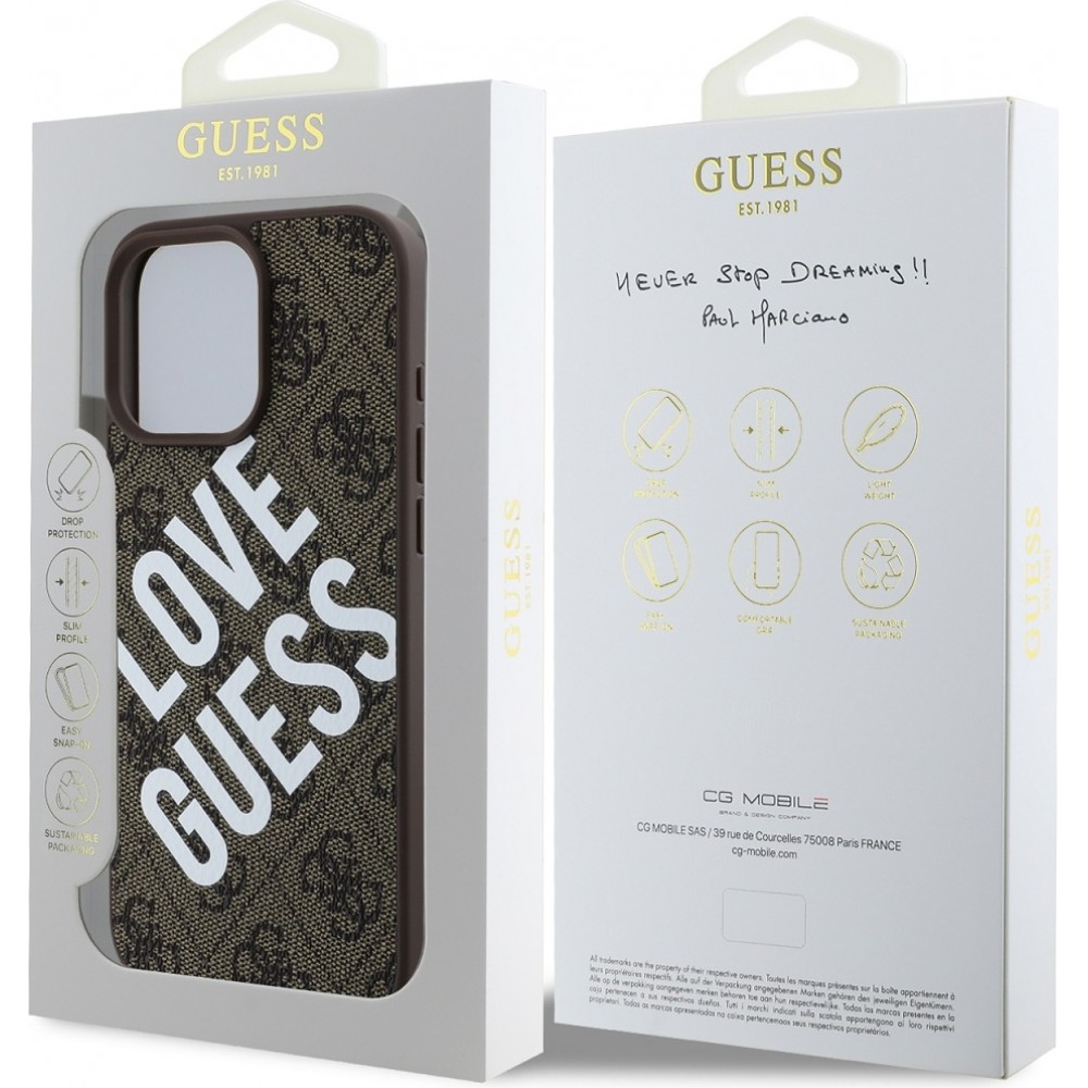iPhone 16 Pro Case H&uuml;lle - Guess Monogramm Kunstleder mit Love Guess Street Style Logo und integriertem MagSafe - Braun