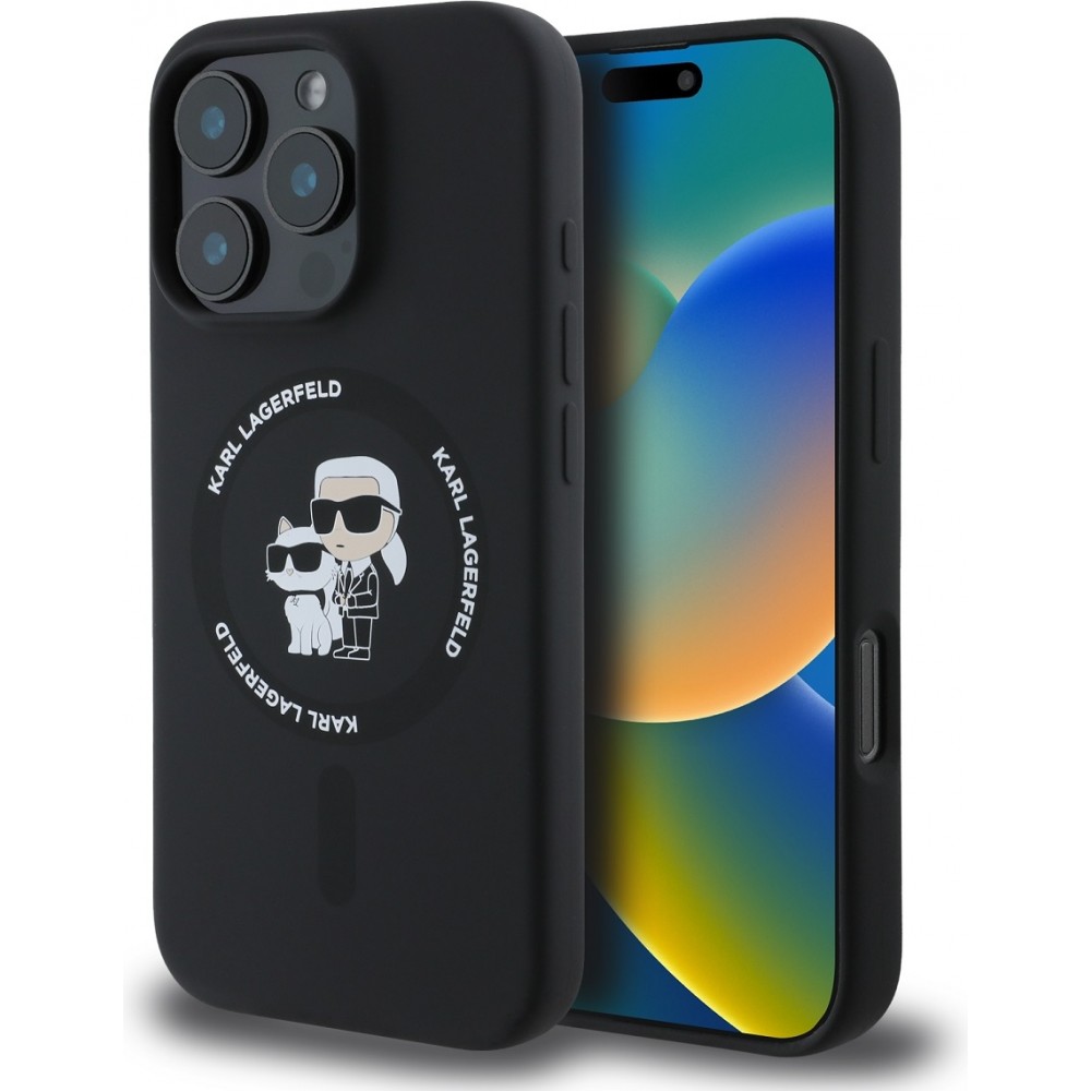 Coque iPhone 16 Pro - Karl Lagerfeld et Choupette soft touch avec MagSafe - Noir