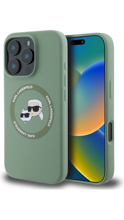 iPhone 16 Pro Max Case Hülle - Karl Lagerfeld und Choupette soft touch mit MagSafe - Dunkelgrün