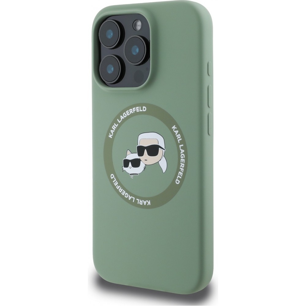 Coque iPhone 16 Pro - Karl Lagerfeld et Choupette soft touch avec MagSafe - Vert foncé