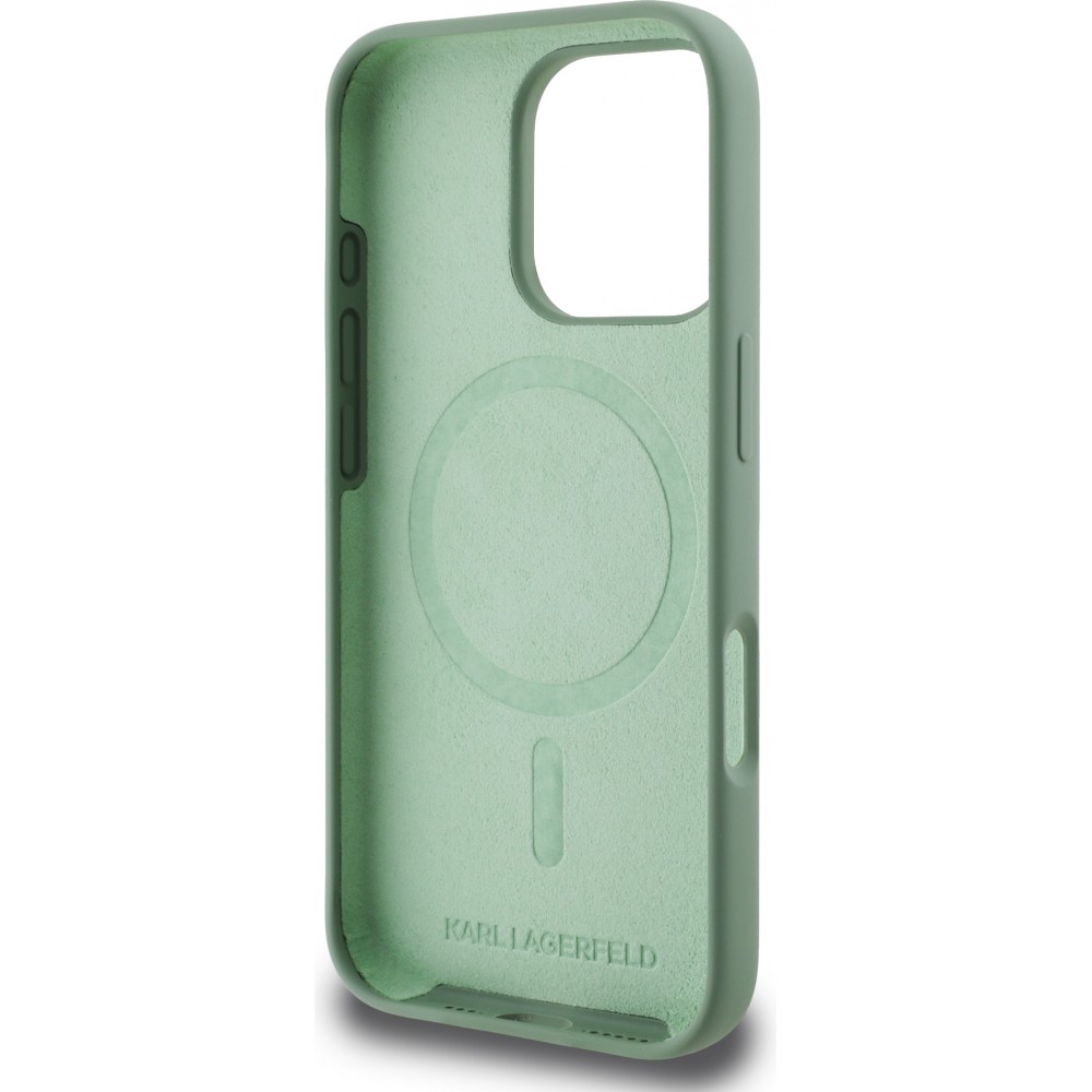 Coque iPhone 16 Pro - Karl Lagerfeld et Choupette soft touch avec MagSafe - Vert foncé