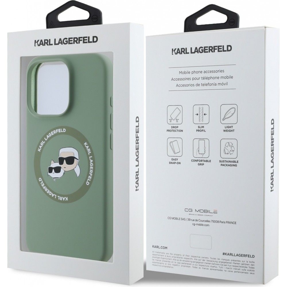 Coque iPhone 16 Pro - Karl Lagerfeld et Choupette soft touch avec MagSafe - Vert foncé