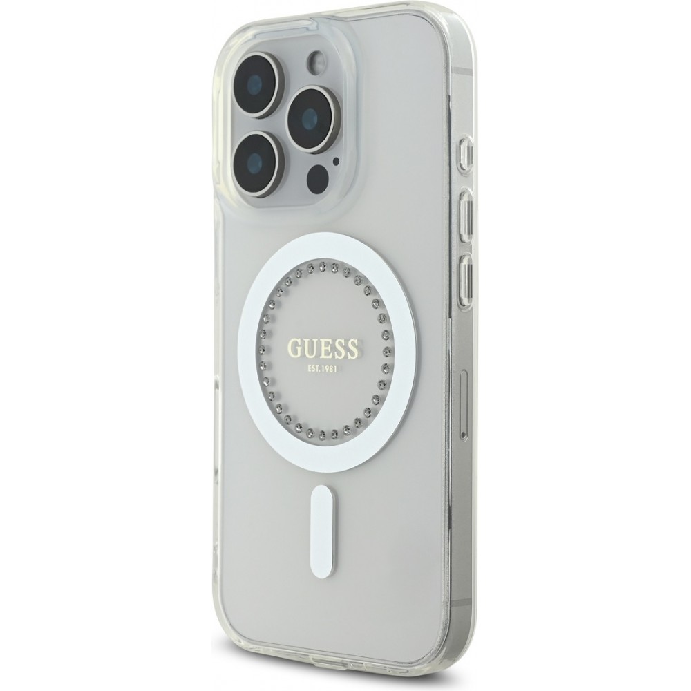 Coque iPhone 16 Pro Max - Guess Strass IML MagSafe - Blanc