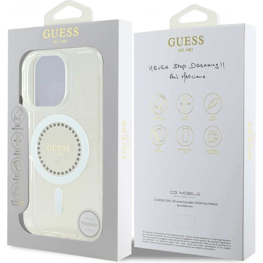 Coque iPhone 16 Pro Max - Guess Strass IML MagSafe - Blanc