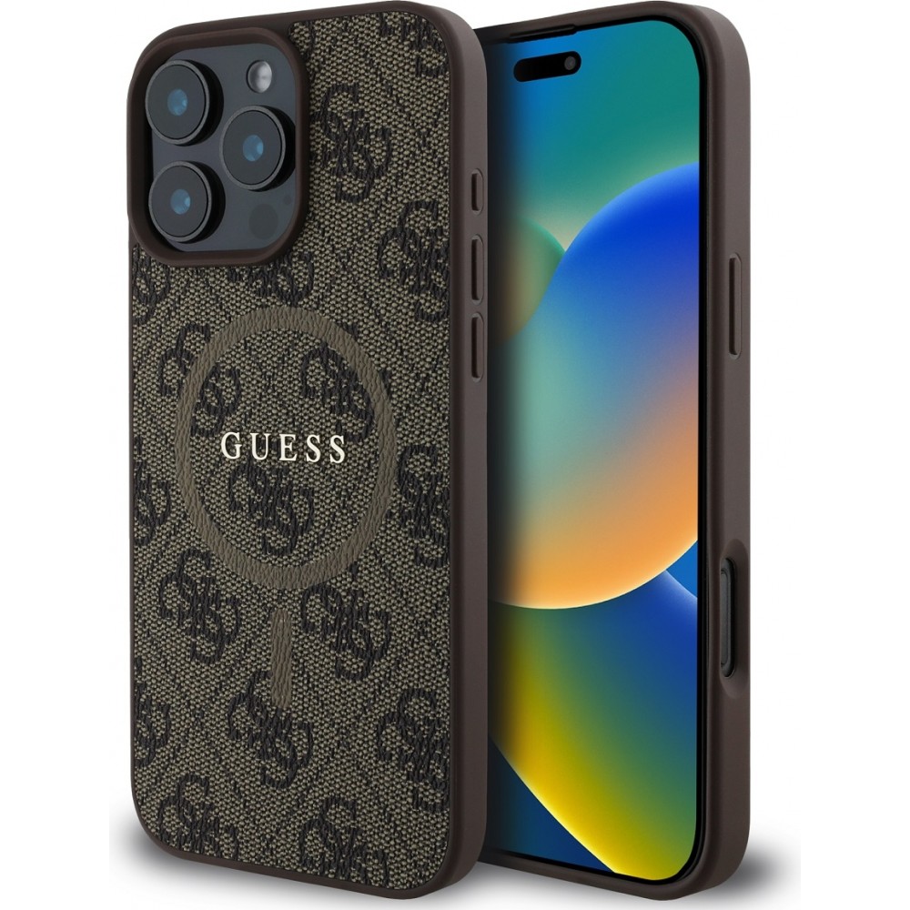 iPhone 16 Pro Max Case Hülle - Guess Monogramm Kunstleder mit integriertem Magsafe - Braun