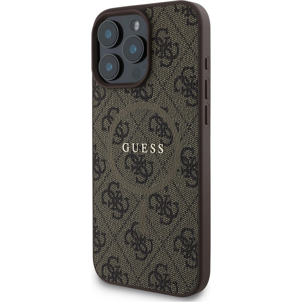 iPhone 16 Pro Max Case Hülle - Guess Monogramm Kunstleder mit integriertem Magsafe - Braun