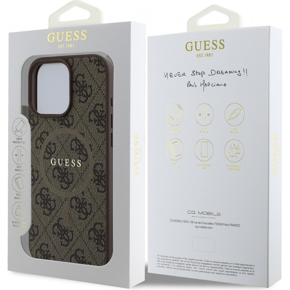 iPhone 16 Pro Max Case Hülle - Guess Monogramm Kunstleder mit integriertem Magsafe - Braun