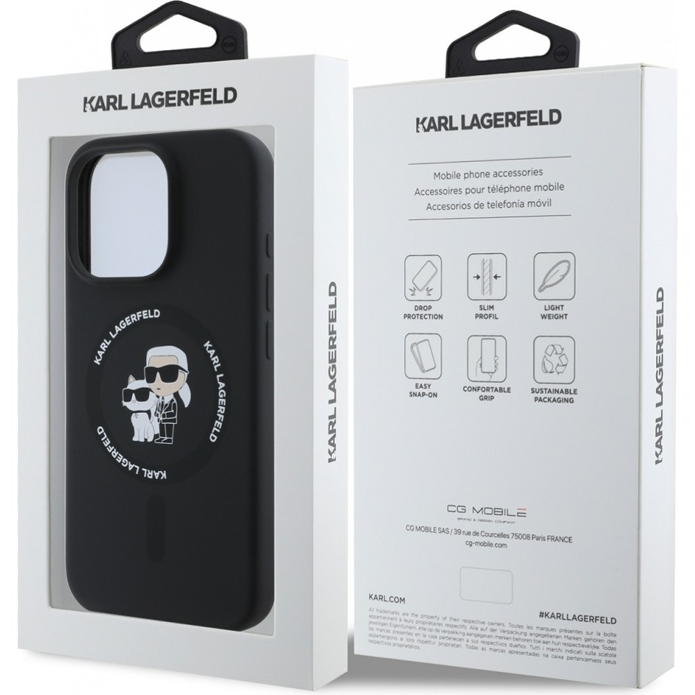 iPhone 16 Pro Max Case Hülle - Karl Lagerfeld und Choupette soft touch mit MagSafe - Schwarz