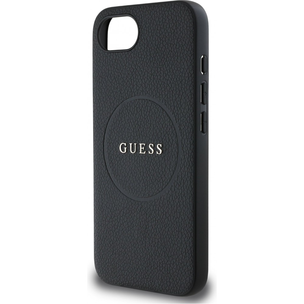 iPhone 16e Case H&uuml;lle - Guess Classic Logo MagSafe aus genarbtem Leder - Schwarz
