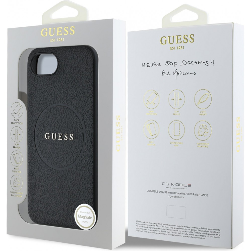 iPhone 16e Case H&uuml;lle - Guess Classic Logo MagSafe aus genarbtem Leder - Schwarz