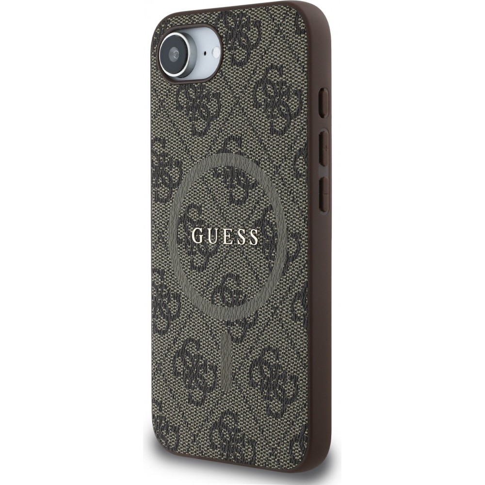 iPhone 16e Case H&uuml;lle - Guess Monogramm Kunstleder mit integriertem MagSafe - Braun