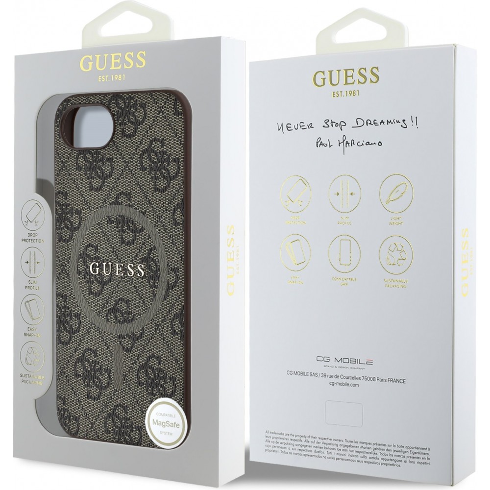 iPhone 16e Case H&uuml;lle - Guess Monogramm Kunstleder mit integriertem MagSafe - Braun