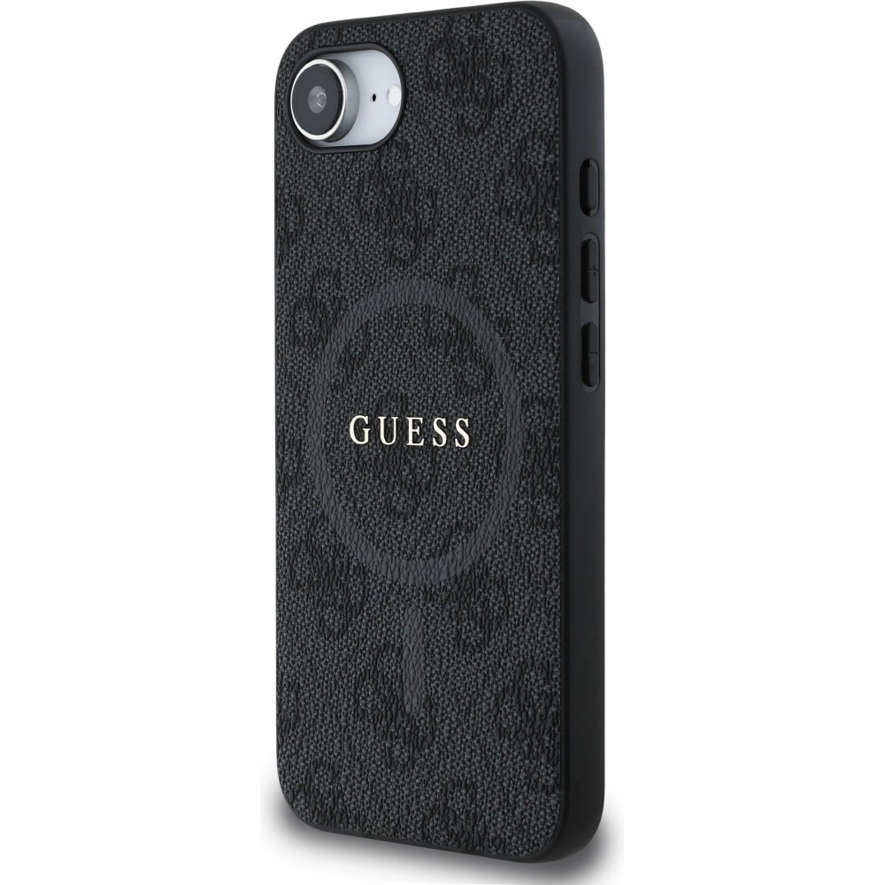 iPhone 16e Case Hülle - Guess Monogramm Kunstleder mit integriertem MagSafe und goldenem Logo - Schwarz
