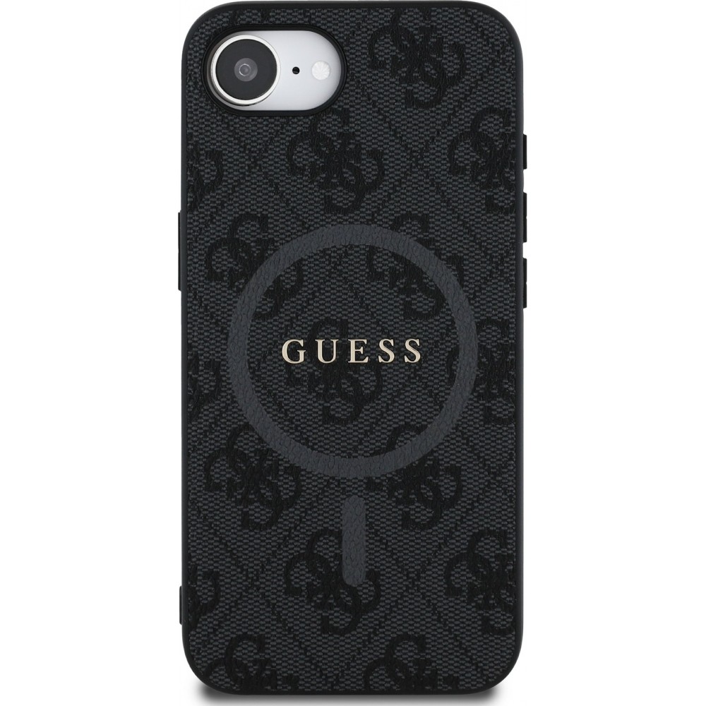 iPhone 16e Case Hülle - Guess Monogramm Kunstleder mit integriertem MagSafe und goldenem Logo - Schwarz
