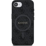 iPhone 16e Case Hülle - Guess Monogramm Kunstleder mit integriertem MagSafe und goldenem Logo - Schwarz