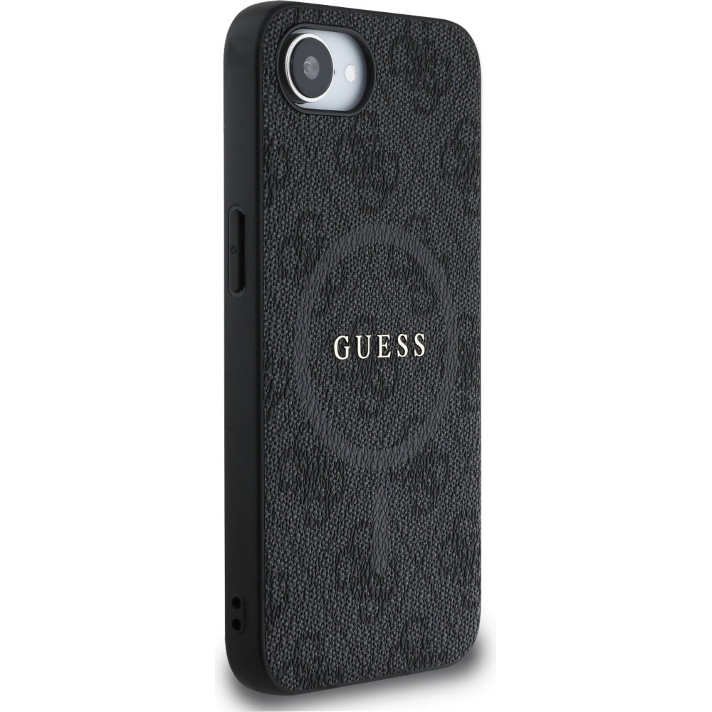 iPhone 16e Case Hülle - Guess Monogramm Kunstleder mit integriertem MagSafe und goldenem Logo - Schwarz