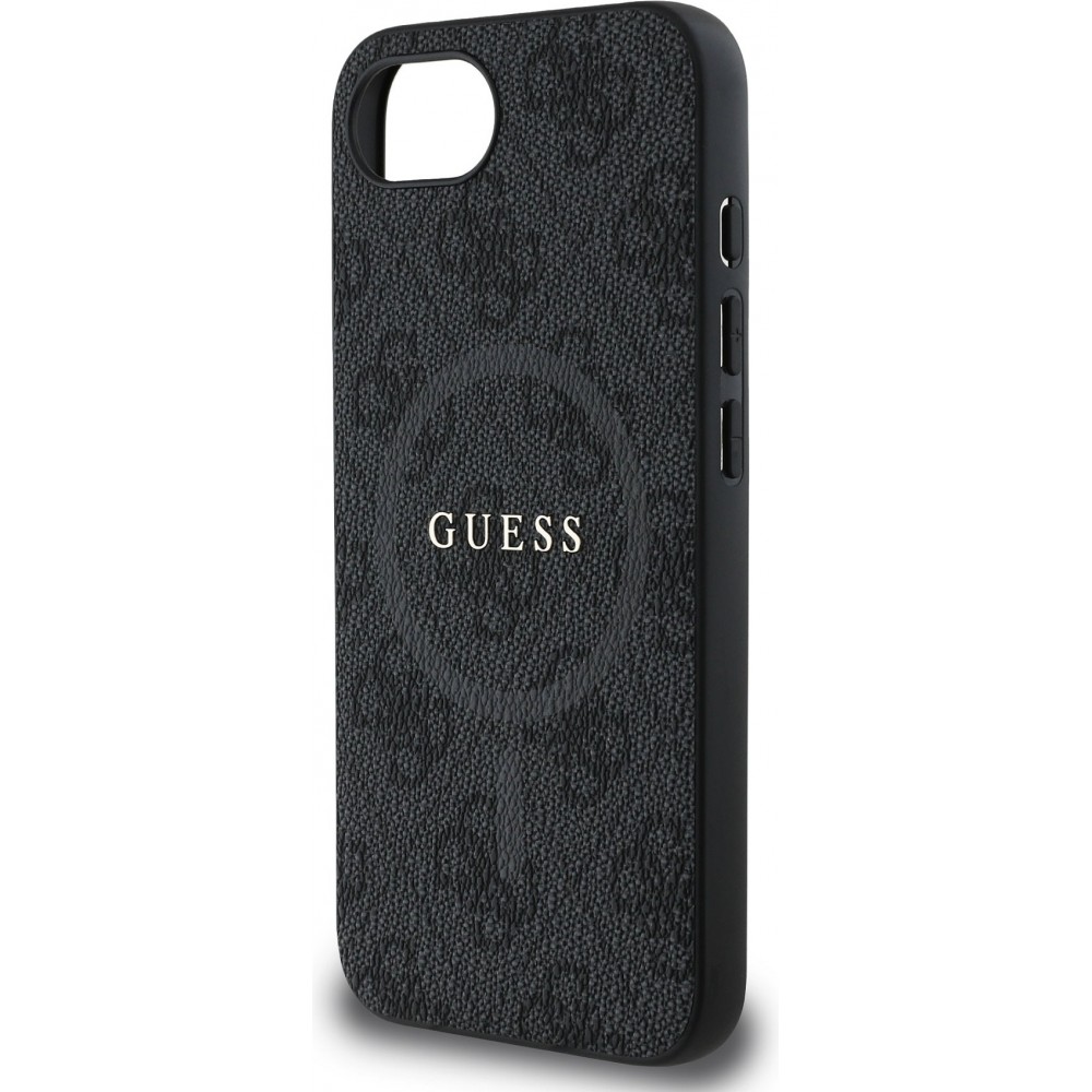 iPhone 16e Case Hülle - Guess Monogramm Kunstleder mit integriertem MagSafe und goldenem Logo - Schwarz
