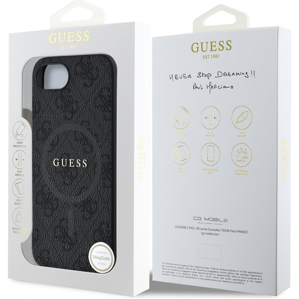 iPhone 16e Case Hülle - Guess Monogramm Kunstleder mit integriertem MagSafe und goldenem Logo - Schwarz