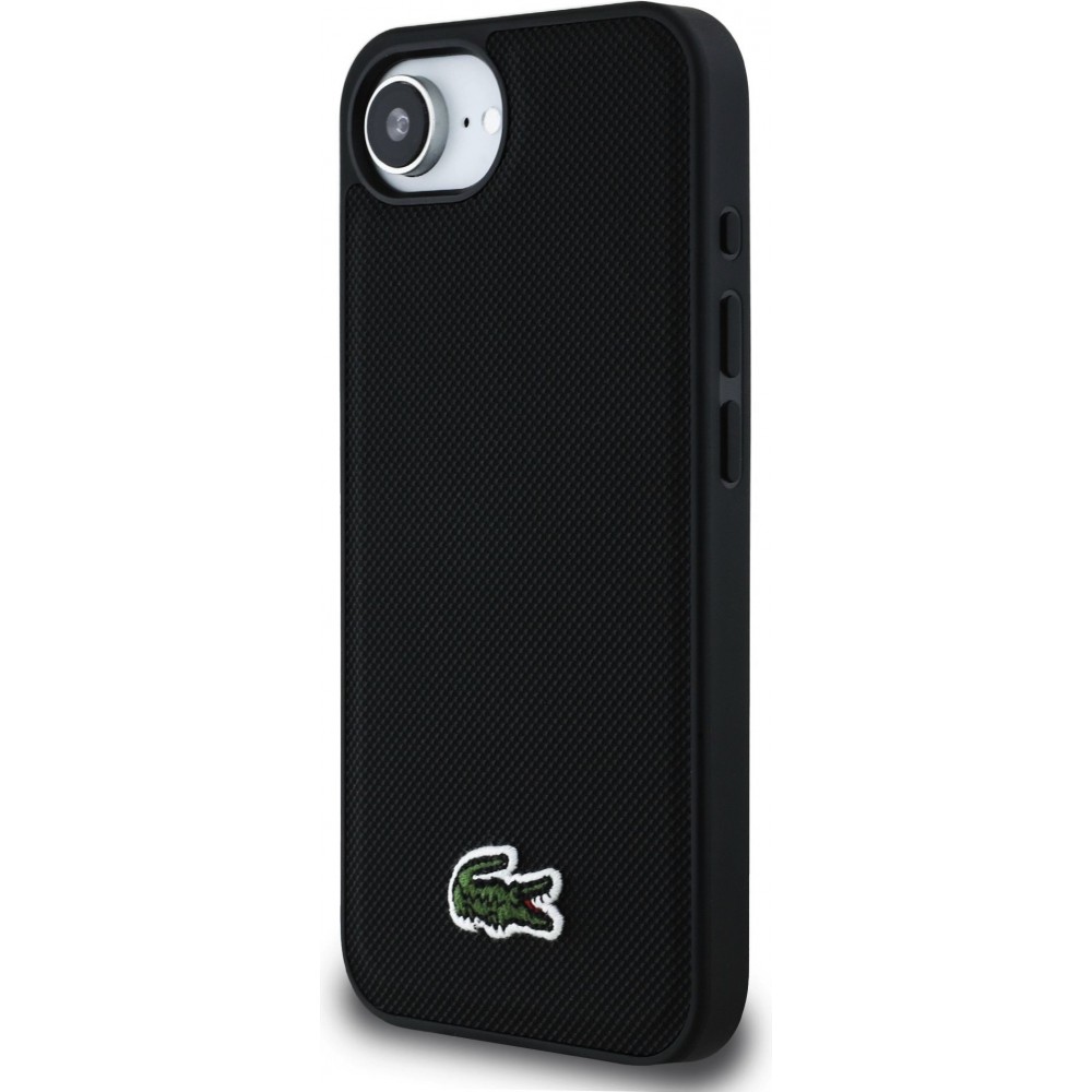 iPhone 16e Case Hülle - Lacoste Petit Piqué Effekt mit MagSafe und gesticktem Logo-Patch - Schwarz