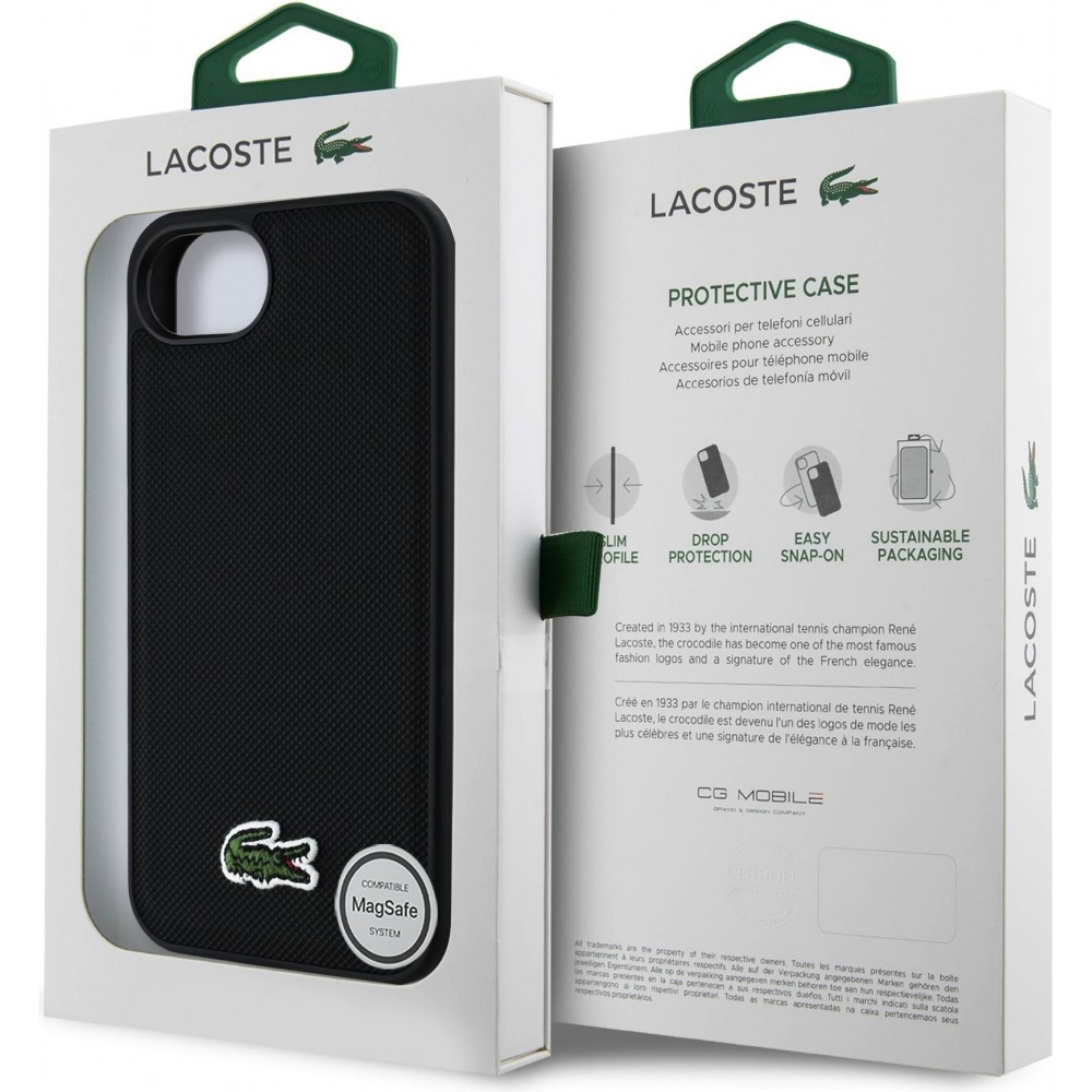 iPhone 16e Case Hülle - Lacoste Petit Piqué Effekt mit MagSafe und gesticktem Logo-Patch - Schwarz
