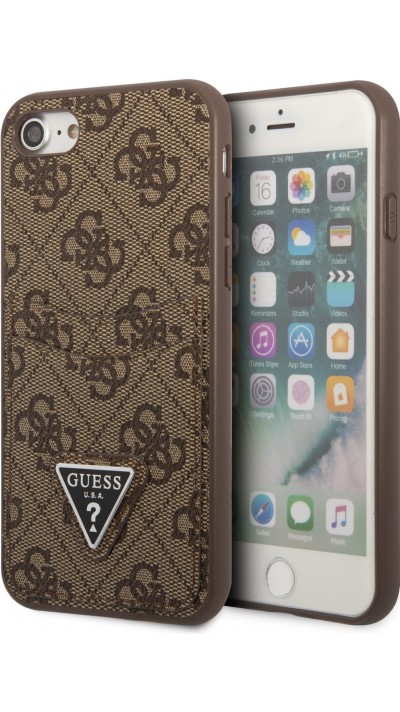 iPhone 7 / 8 / SE (2020, 2022) Case Hülle - Guess Kunstleder-Leinwand mit integriertem Kartenhalter und geprägtem goldenem Metalllogo - Braun