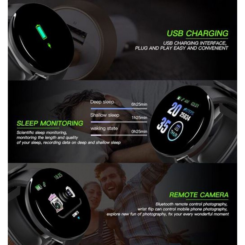 D18 Smart Watch Fitness Tracker Color Touch Screen IP65 inkl. Phone App - Schwarz