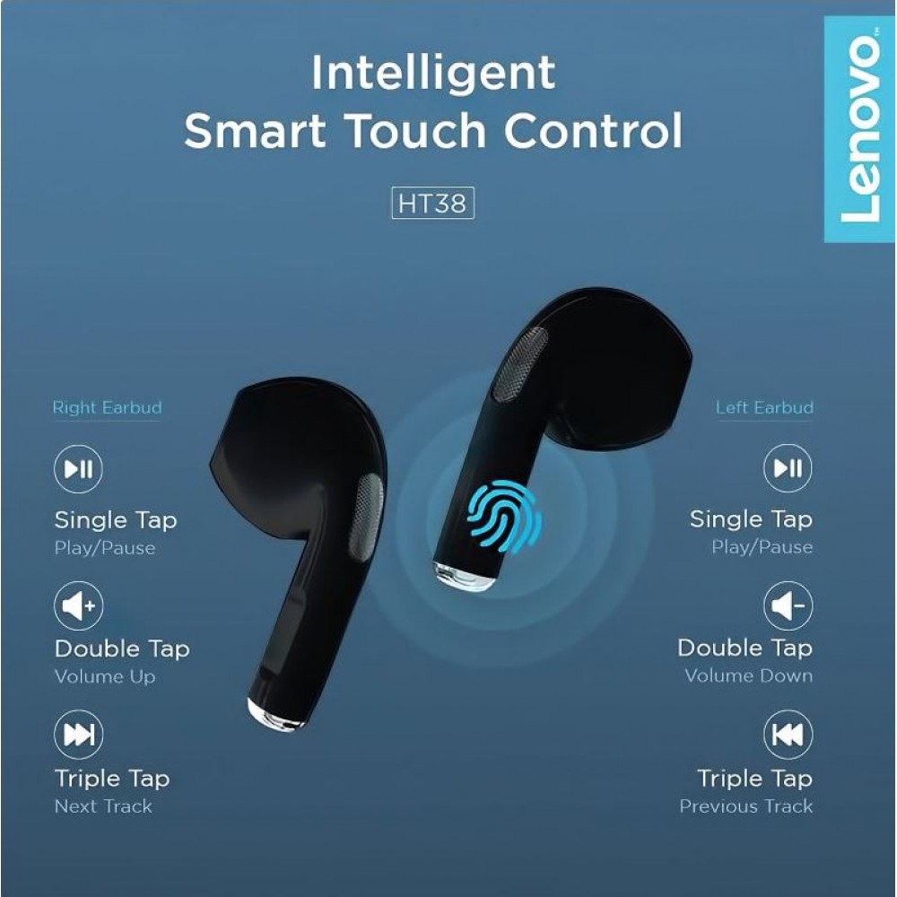 Ecouteurs Lenovo HT38 sans fil Bluetooth true wireless earbuds avec touch control - Noir