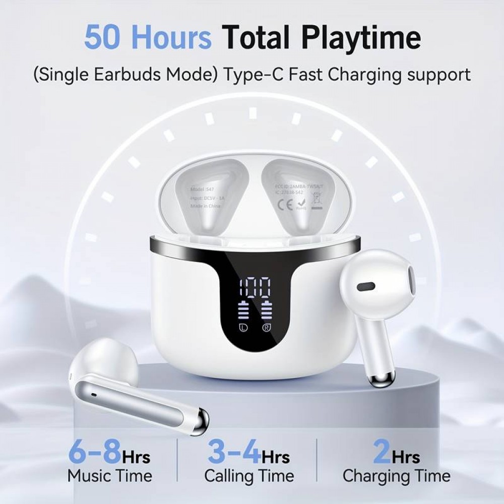 Bluetooth 5.3 In-Ear kabellose Kopfhörer - Ladeetui mit digitaler Batterie Anzeige, USB Type C - Weiss