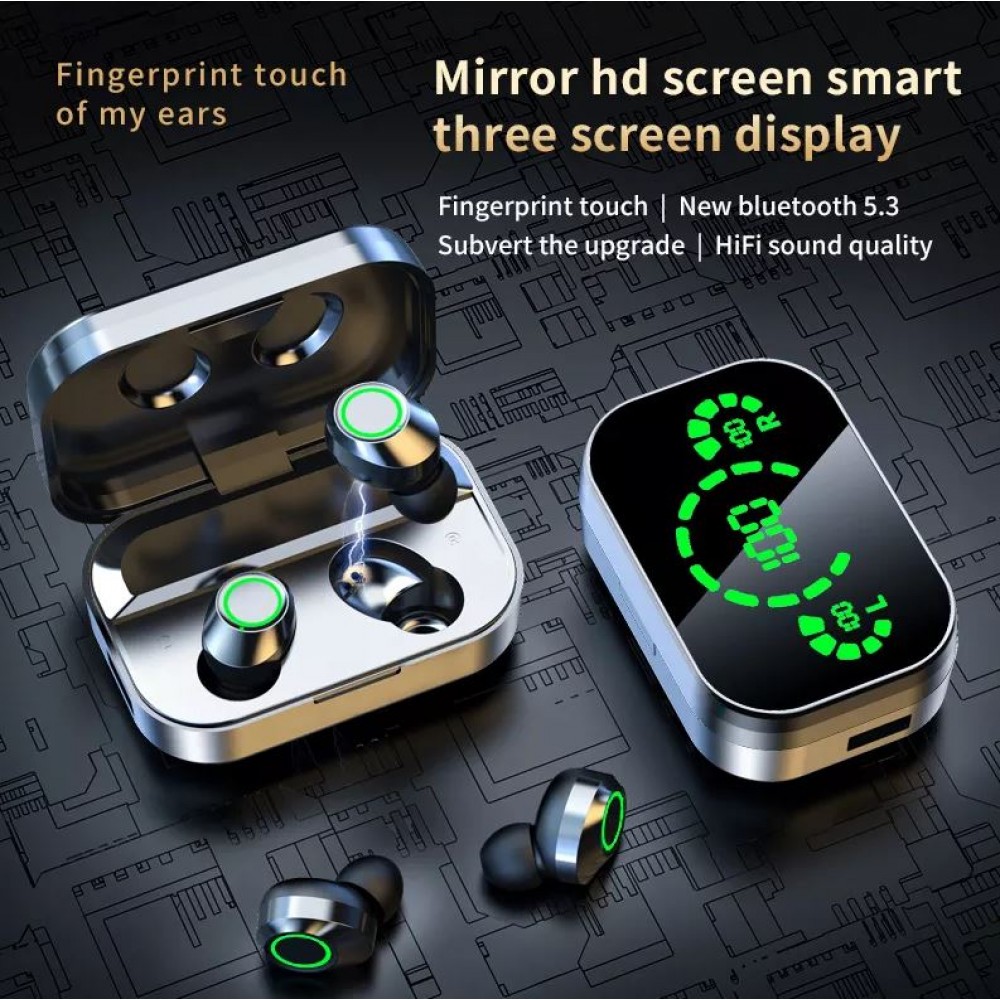 Ecouteurs sans fil Bluetooth In-Ear YD03 BT 5.3 Hifi stéréo LED avec étui de chargement - Argent