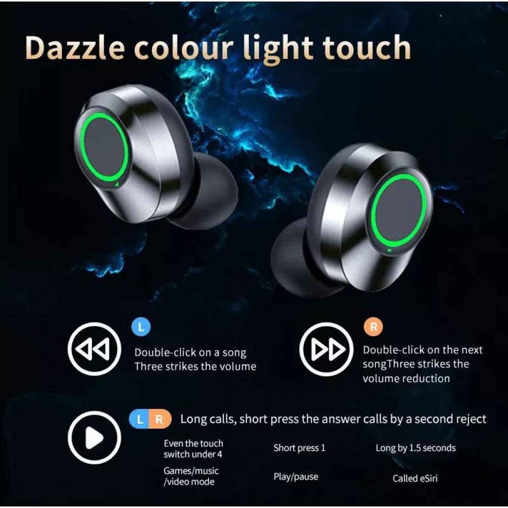 Ecouteurs sans fil Bluetooth In-Ear YD03 BT 5.3 Hifi stéréo LED avec étui de chargement - Argent