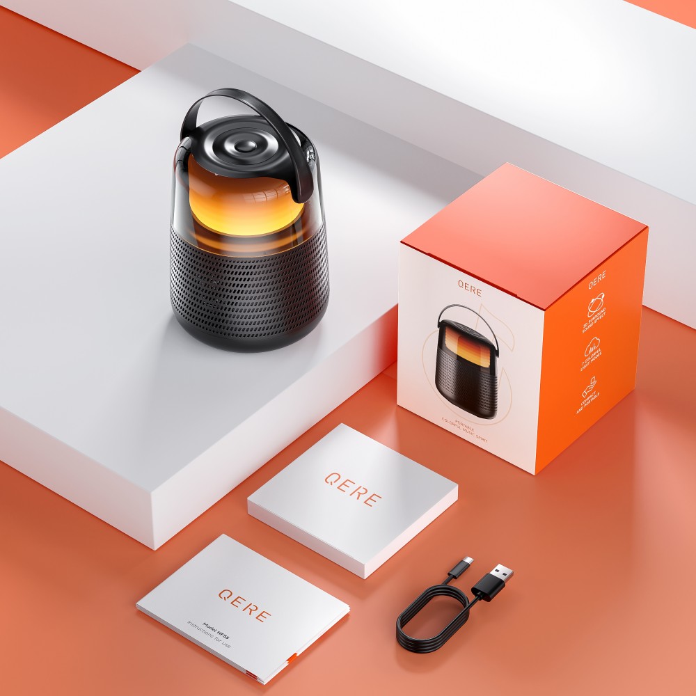 Bluetooth 5.3 Lautsprecher QERE HF55 20W 3D Surround Sound LED Licht IPX5 & USB-C - Schwarz