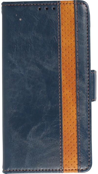 iPhone 7 / 8 / SE (2020, 2022) Leder Tasche - Flip Wallet Echtleder mit Akzentstreifen & Kartenhalter - Blau