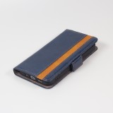 iPhone 11 Leder Tasche - Flip Wallet Echtleder mit Akzentstreifen & Kartenhalter - Blau